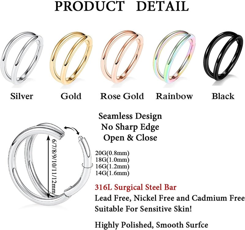 FUNLMO Store 316L Surgical Steel Nose Hoop Septum Conch Piercing Jewelry Cartilage Daith Helix Tragus Rook Lobe Earring Triple/Double Nose Lip Ring 20G 18G 16G - Image 2